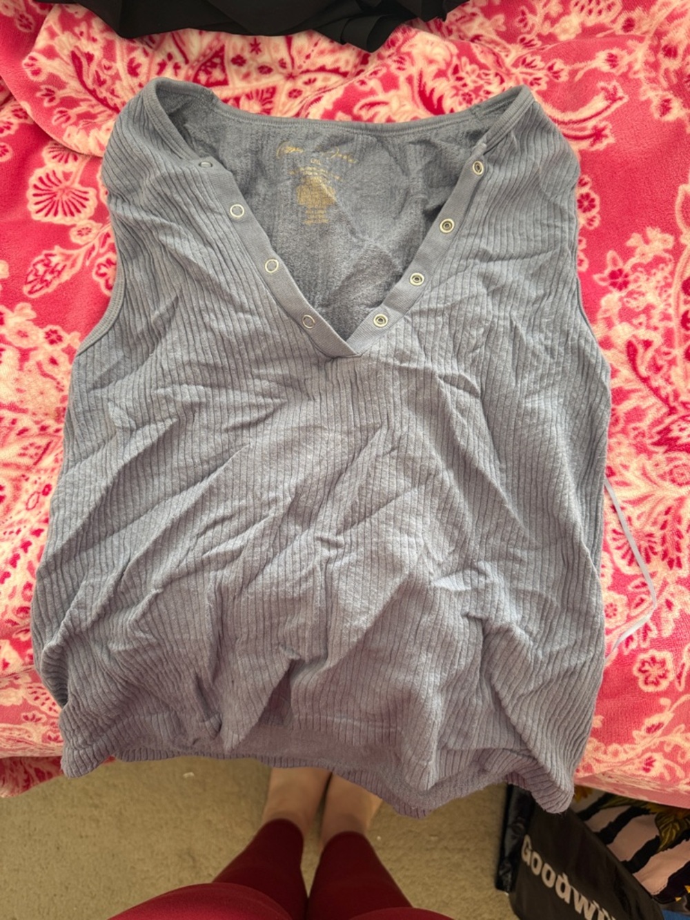 Ribbed V-Neck Snap Tank Top - Blue-Gray